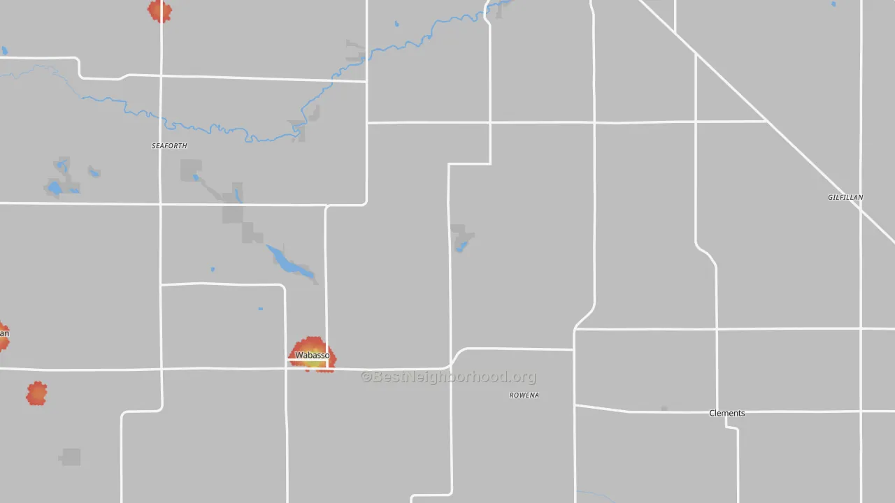 Walk Grade map of Redwood County, MN, walkable areas in green and car-dependent areas in red
