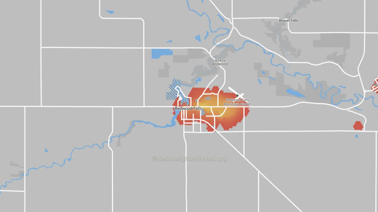 Walk Grade map of Redwood Falls, MN, walkable areas in green and car-dependent areas in red