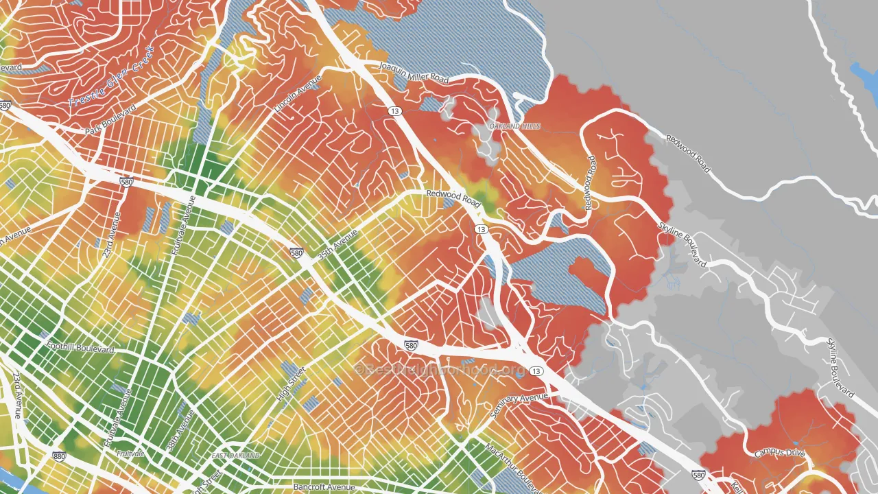 Walk Grade map of Redwood Heights, Oakland, CA, walkable areas in green and car-dependent areas in red
