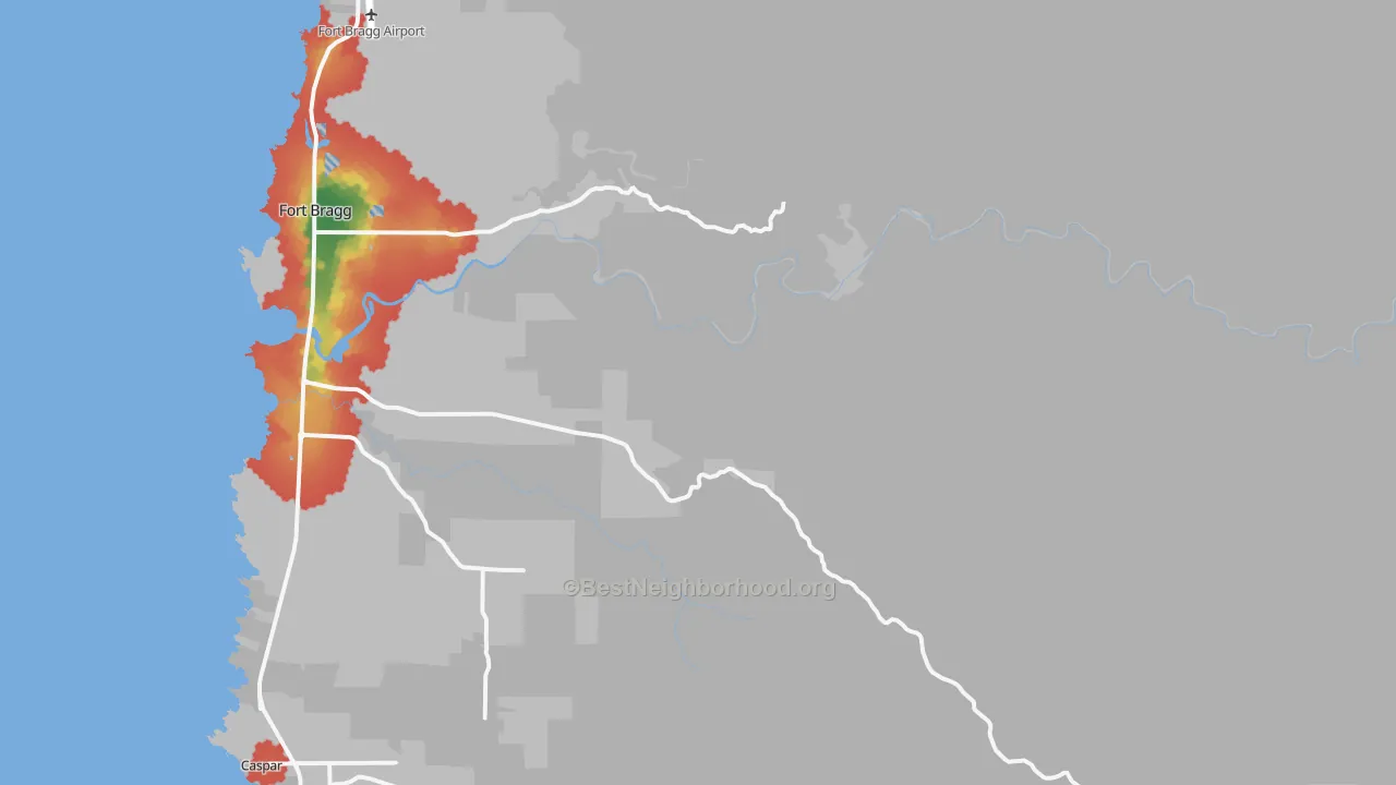 Walk Grade map of Redwood Lodge, CA, walkable areas in green and car-dependent areas in red