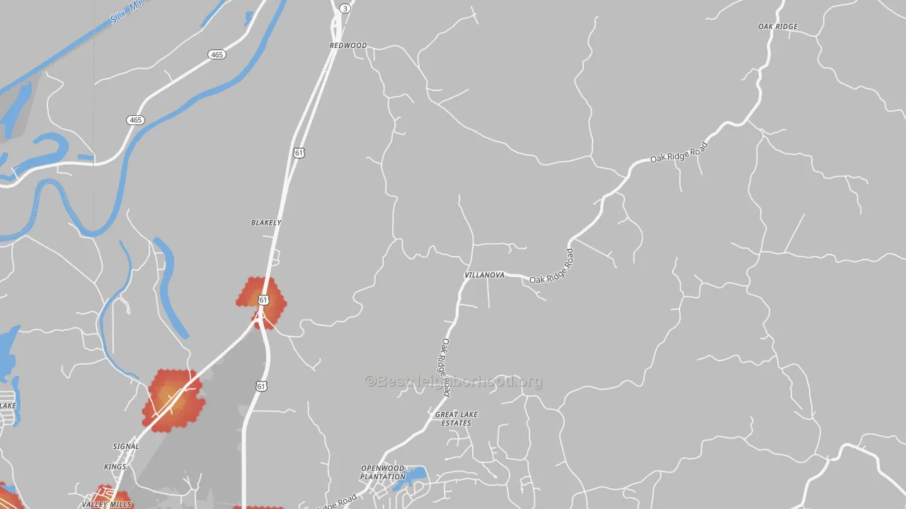Walk Grade map of Redwood, MS, walkable areas in green and car-dependent areas in red