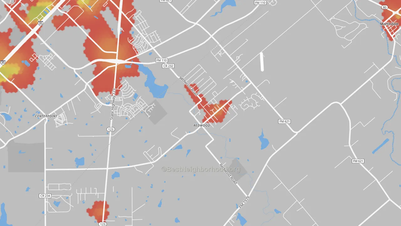 Walk Grade map of Redwood, TX, walkable areas in green and car-dependent areas in red