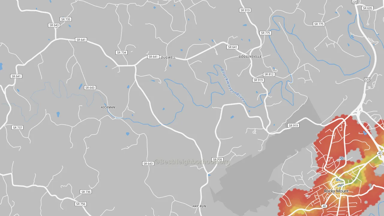 Walk Grade map of Redwood, VA, walkable areas in green and car-dependent areas in red