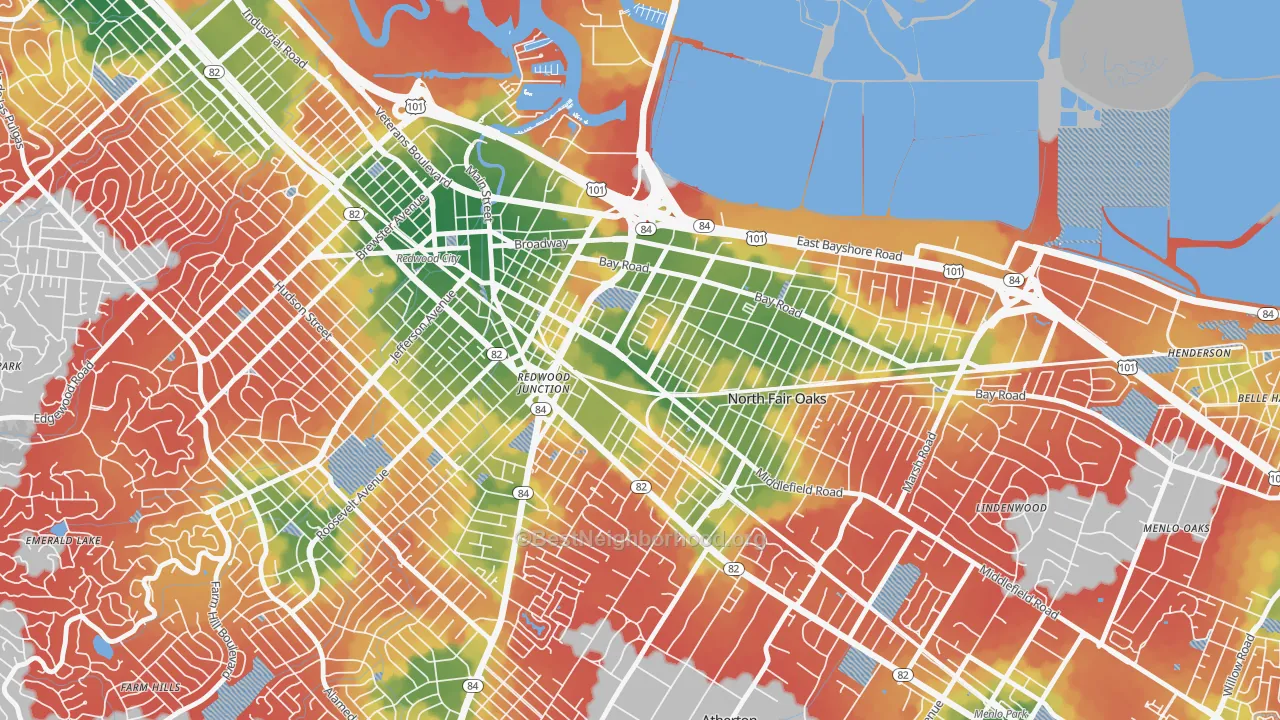 Walk Grade map of Redwood Village, Redwood City, CA, walkable areas in green and car-dependent areas in red
