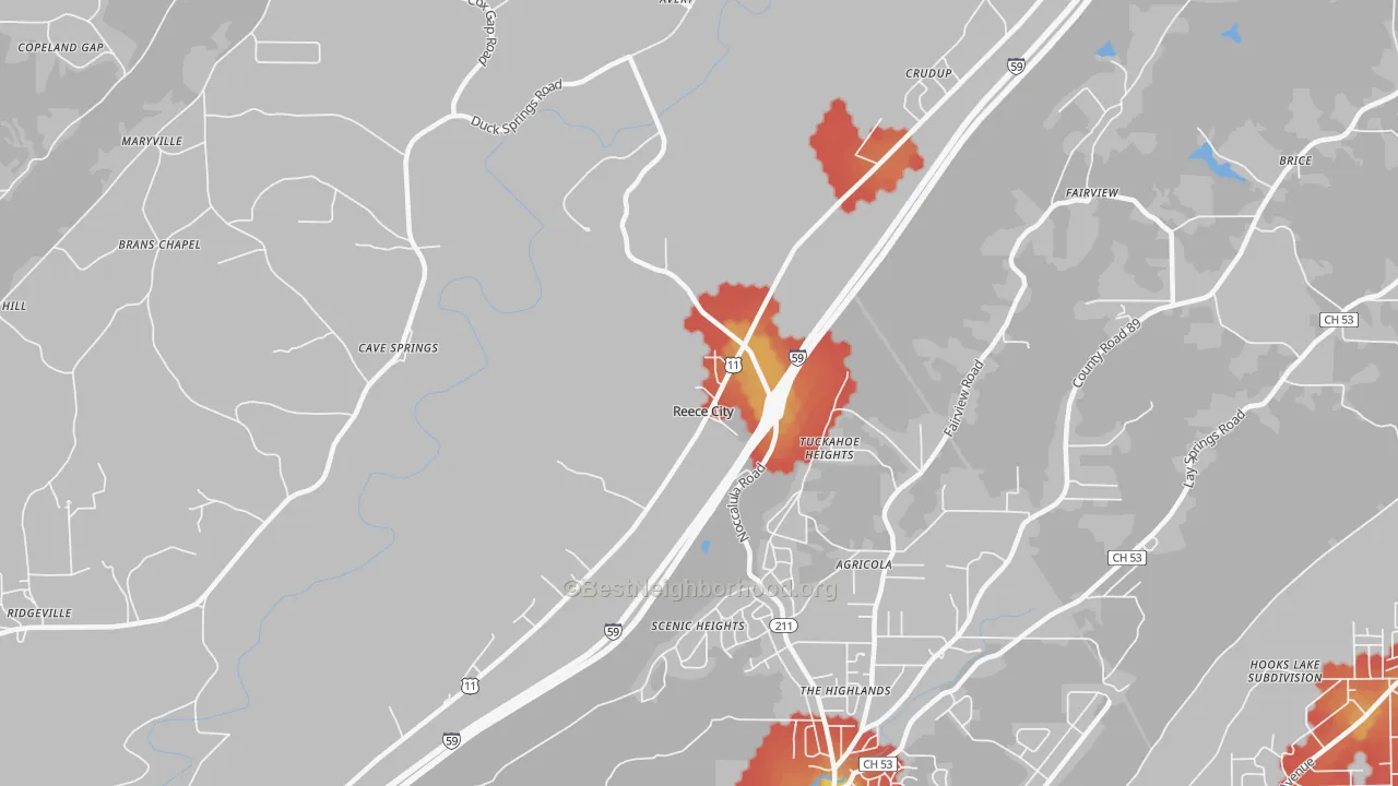 Walk Grade map of Reece City, AL, walkable areas in green and car-dependent areas in red