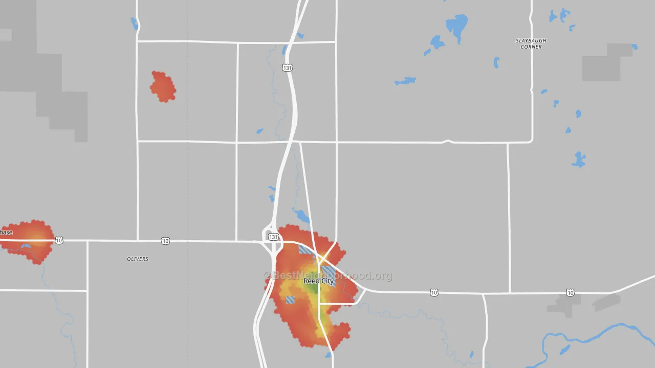 Walk Grade map of Reed City, MI, walkable areas in green and car-dependent areas in red