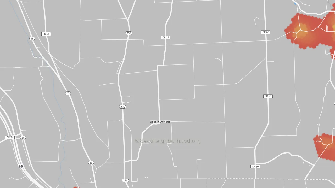 Walk Grade map of Reed Corners, NY, walkable areas in green and car-dependent areas in red