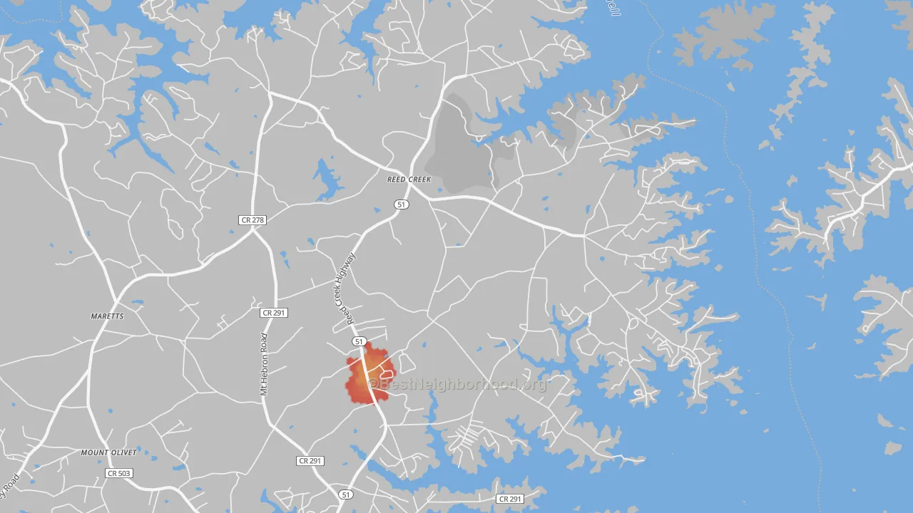 Walk Grade map of Reed Creek, GA, walkable areas in green and car-dependent areas in red