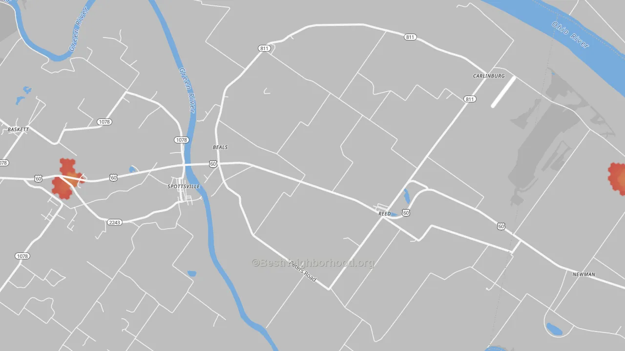Walk Grade map of Reed, KY, walkable areas in green and car-dependent areas in red