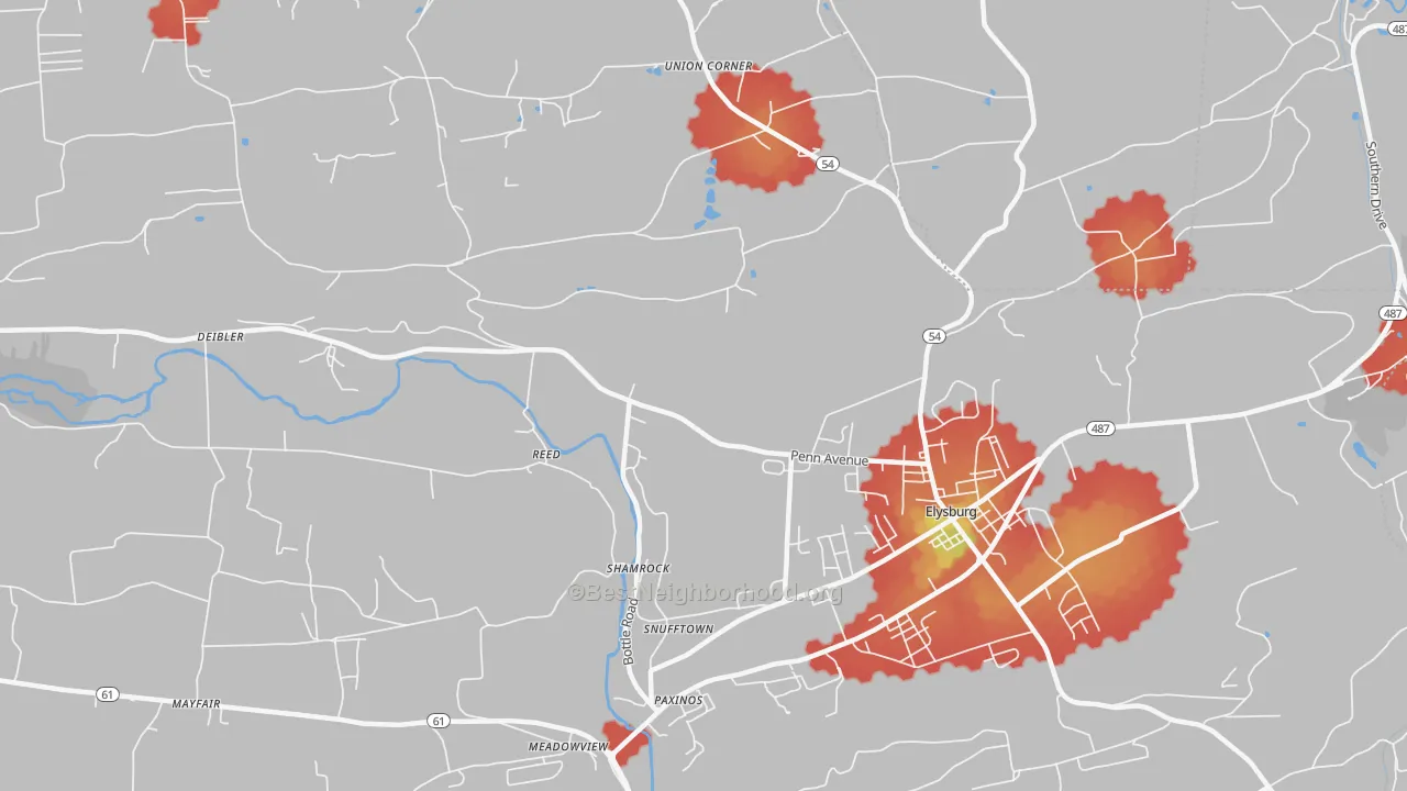 Walk Grade map of Reed, PA, walkable areas in green and car-dependent areas in red