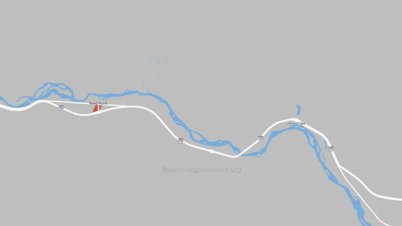 Walk Grade map of Reed Point, MT, walkable areas in green and car-dependent areas in red