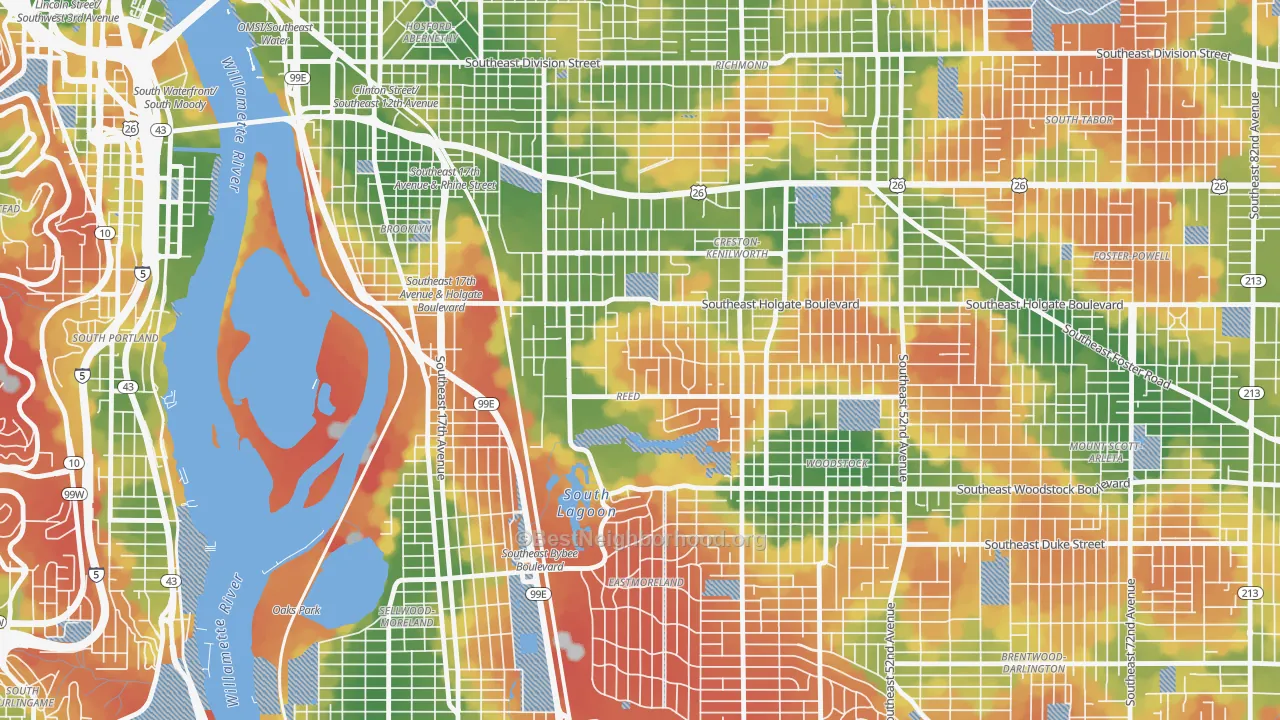 Walk Grade map of Reed, Portland, OR, walkable areas in green and car-dependent areas in red