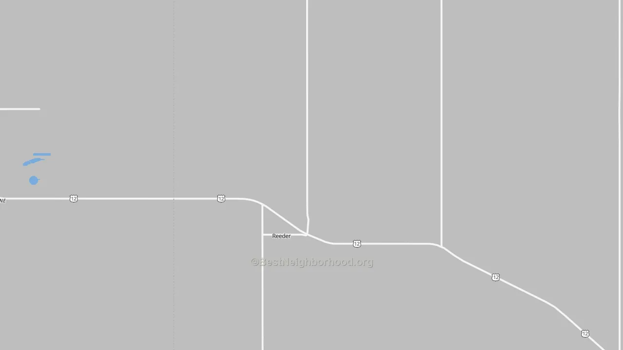 Walk Grade map of Reeder, ND, walkable areas in green and car-dependent areas in red
