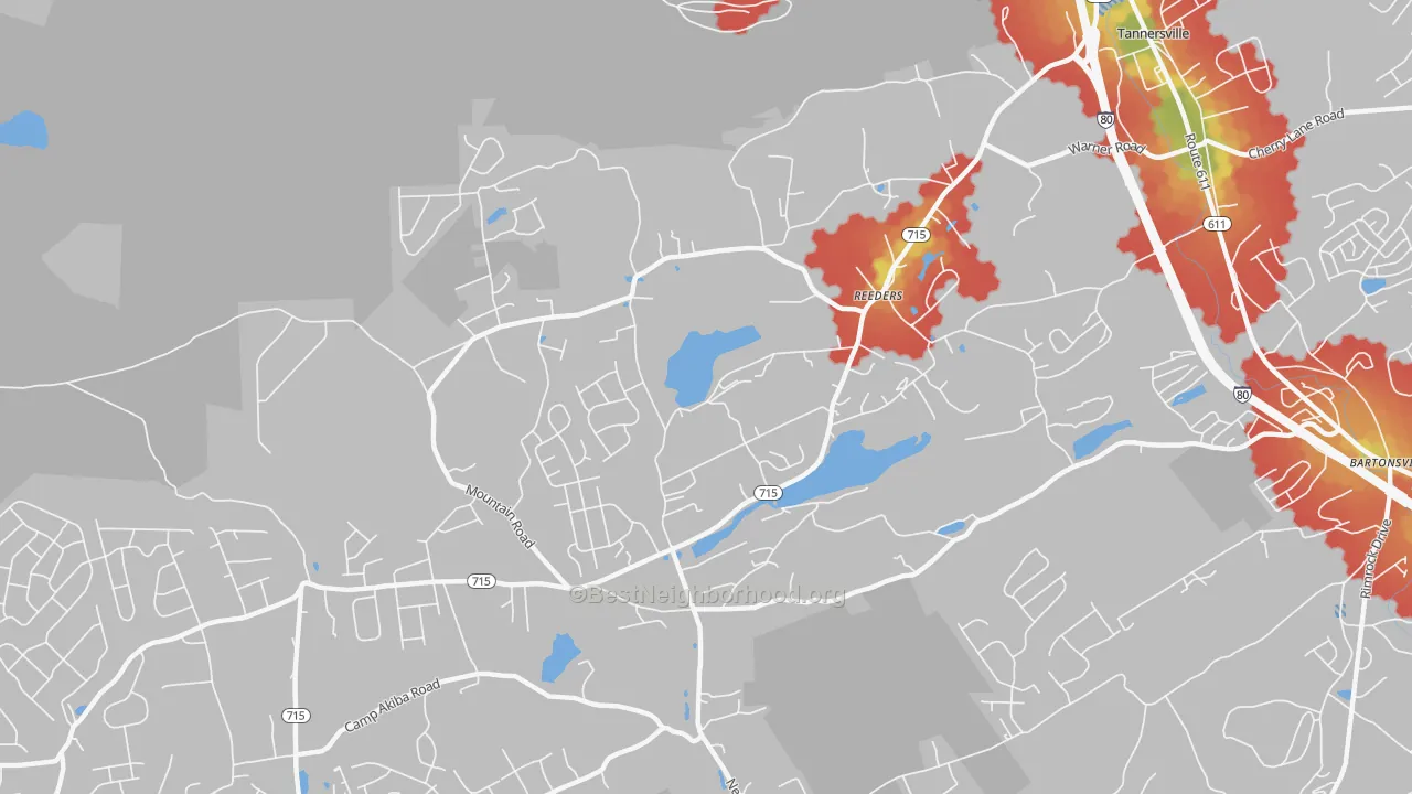 Walk Grade map of Reeders, PA, walkable areas in green and car-dependent areas in red