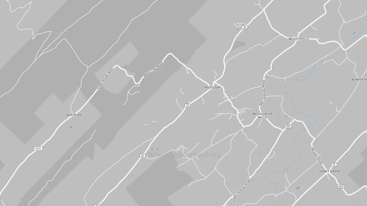 Walk Grade map of Reeds Gap, PA, walkable areas in green and car-dependent areas in red