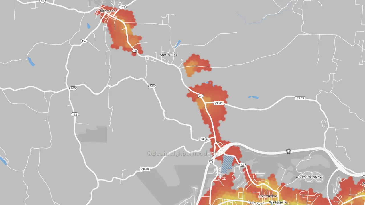 Walk Grade map of Reeds Mill, OH, walkable areas in green and car-dependent areas in red