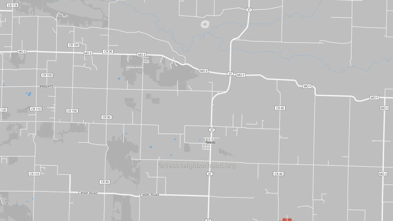 Walk Grade map of Reeds, MO, walkable areas in green and car-dependent areas in red
