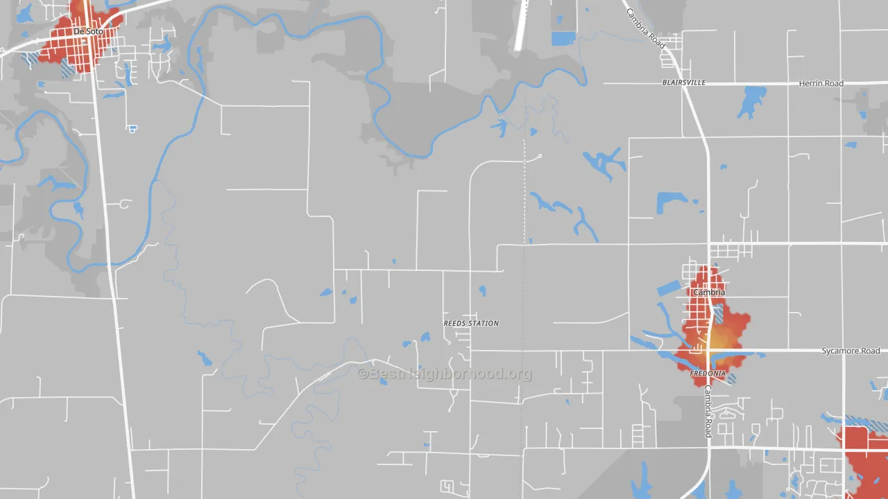 Walk Grade map of Reeds Station, IL, walkable areas in green and car-dependent areas in red