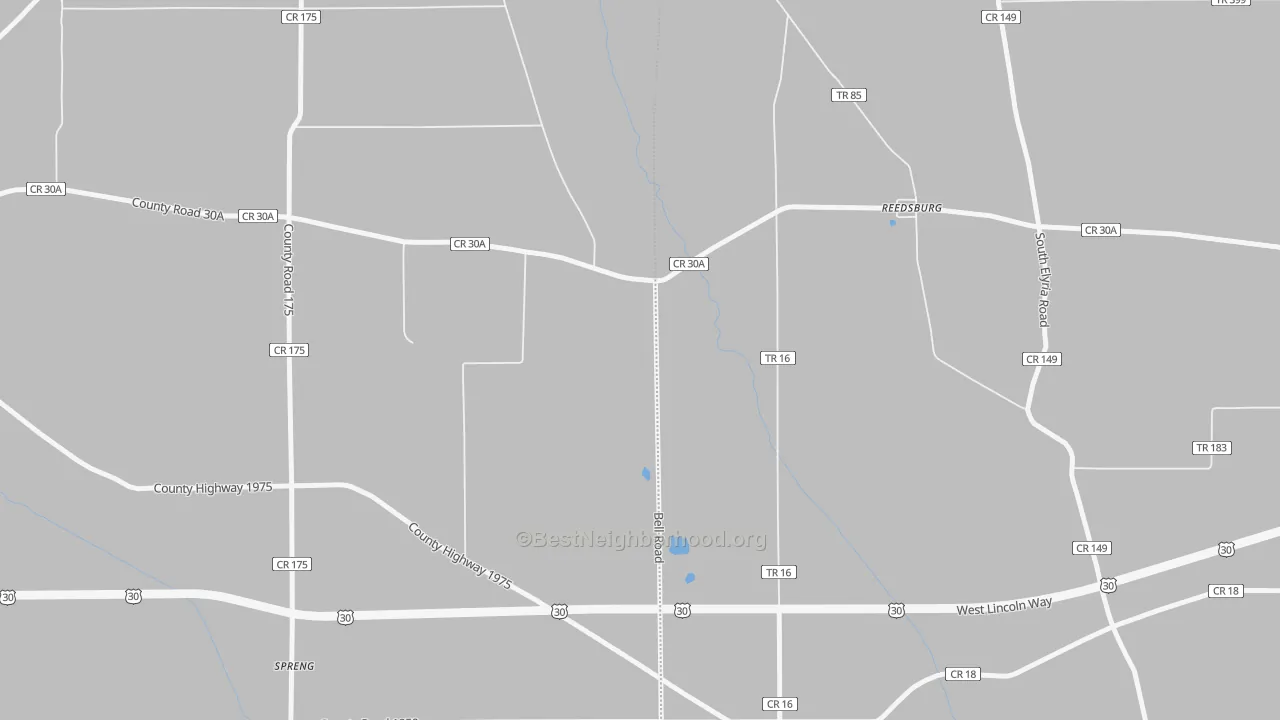 Walk Grade map of Reedsburg, OH, walkable areas in green and car-dependent areas in red