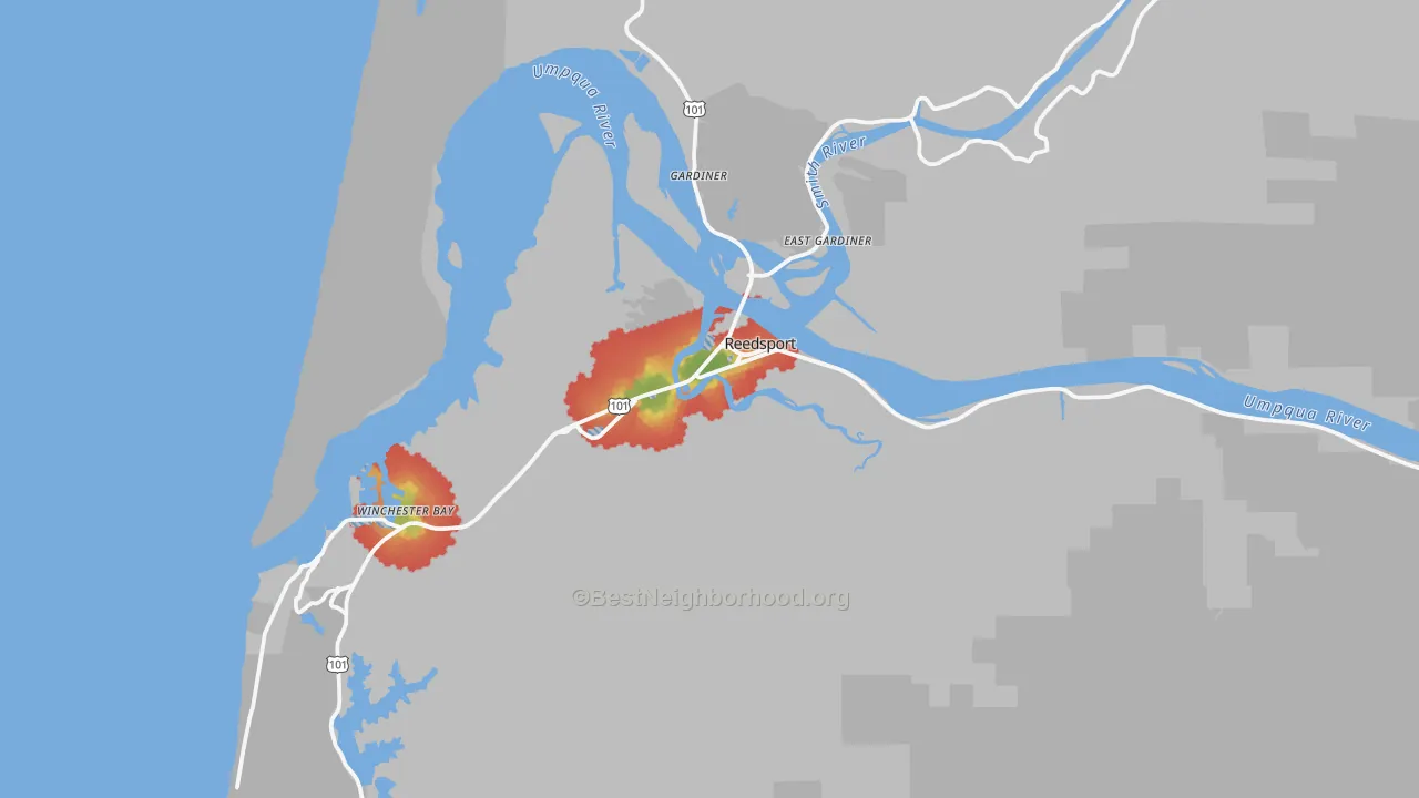 Walk Grade map of Reedsport, OR, walkable areas in green and car-dependent areas in red