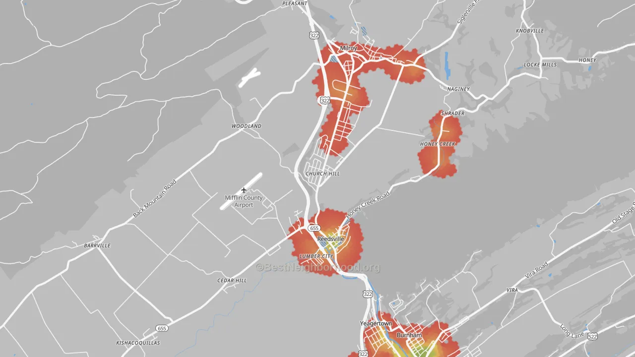 Walk Grade map of Reedsville, PA, walkable areas in green and car-dependent areas in red