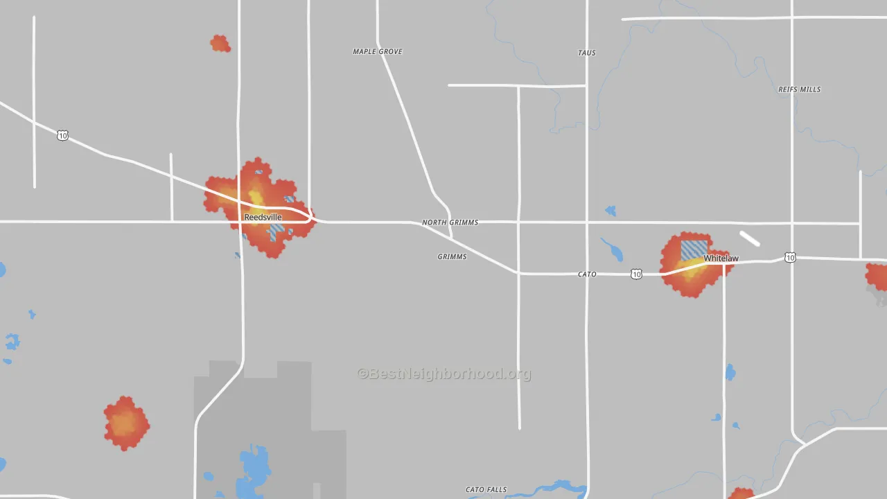 Walk Grade map of Reedsville, WI, walkable areas in green and car-dependent areas in red