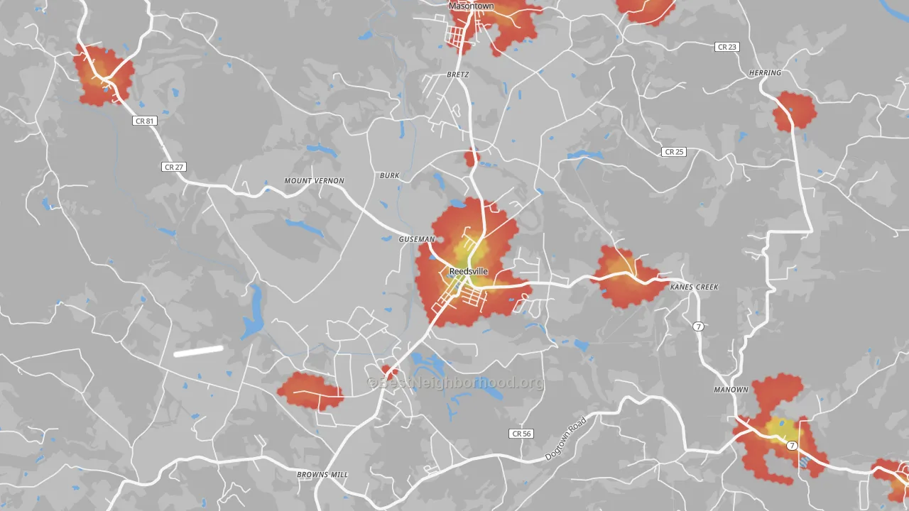 Walk Grade map of Reedsville, WV, walkable areas in green and car-dependent areas in red