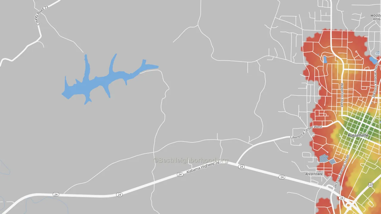 Walk Grade map of Reedtown, AL, walkable areas in green and car-dependent areas in red