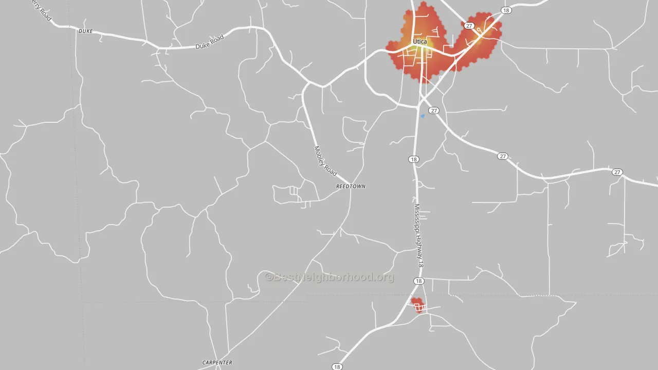 Walk Grade map of Reedtown, MS, walkable areas in green and car-dependent areas in red