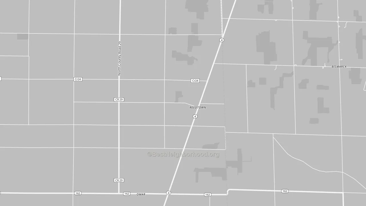 Walk Grade map of Reedtown, OH, walkable areas in green and car-dependent areas in red