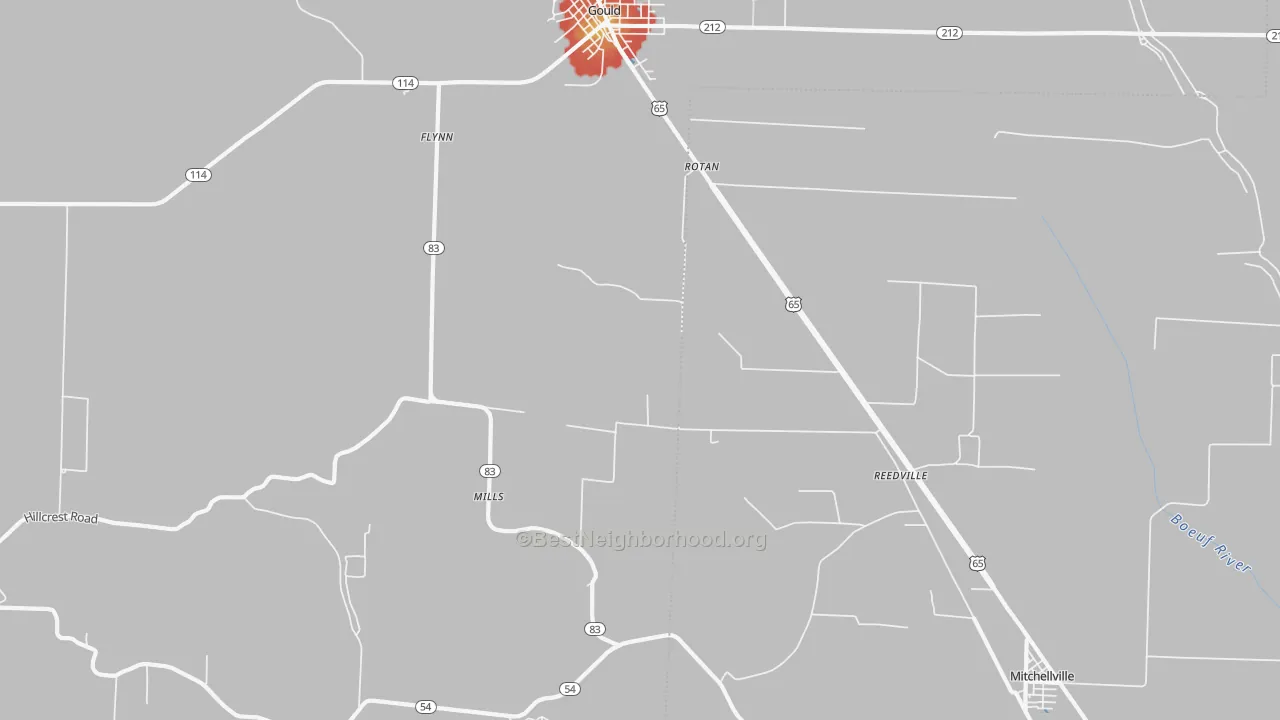 Walk Grade map of Reedville, AR, walkable areas in green and car-dependent areas in red
