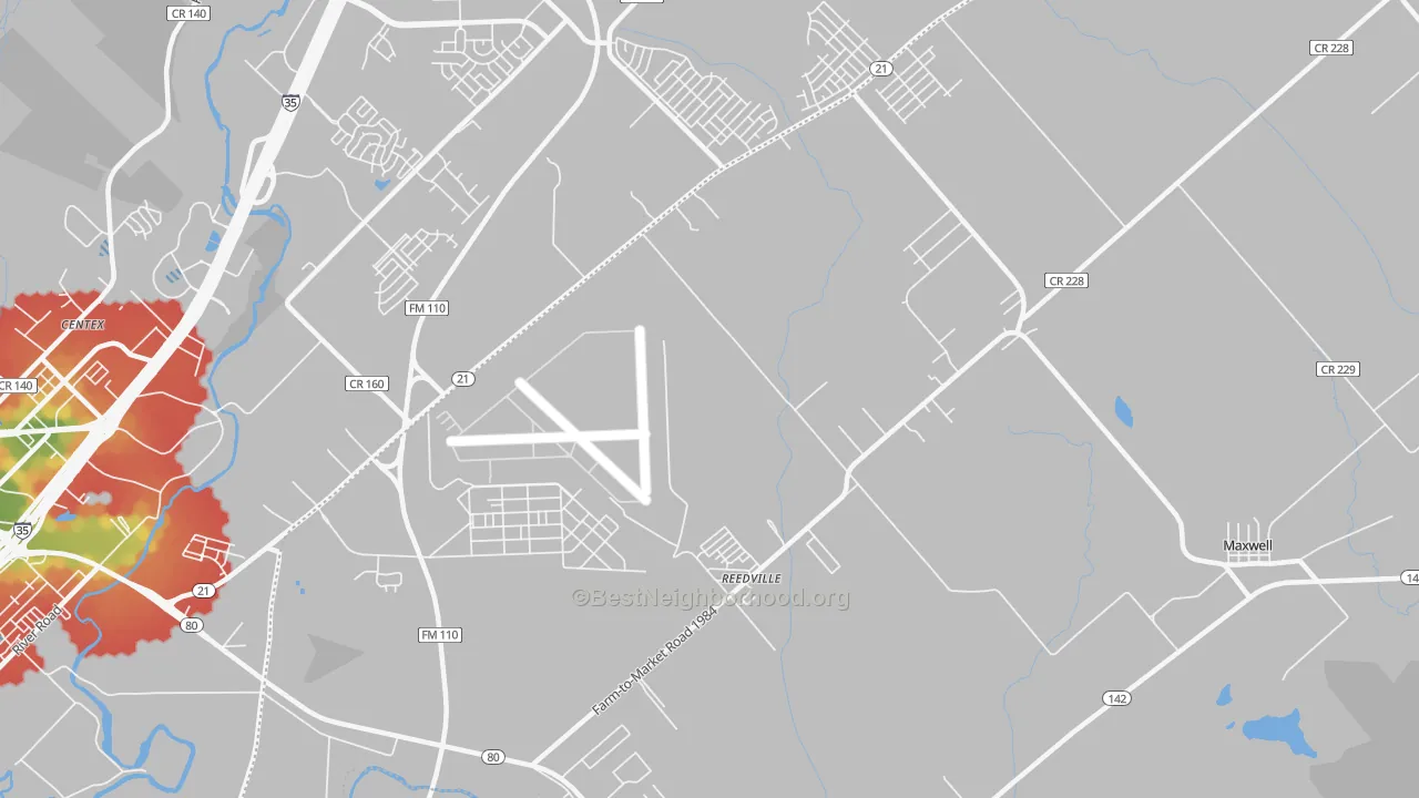 Walk Grade map of Reedville, TX, walkable areas in green and car-dependent areas in red