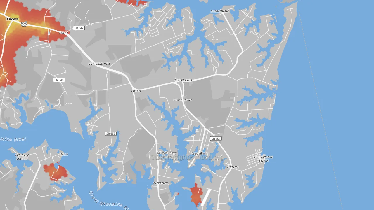 Walk Grade map of Reedville, VA, walkable areas in green and car-dependent areas in red
