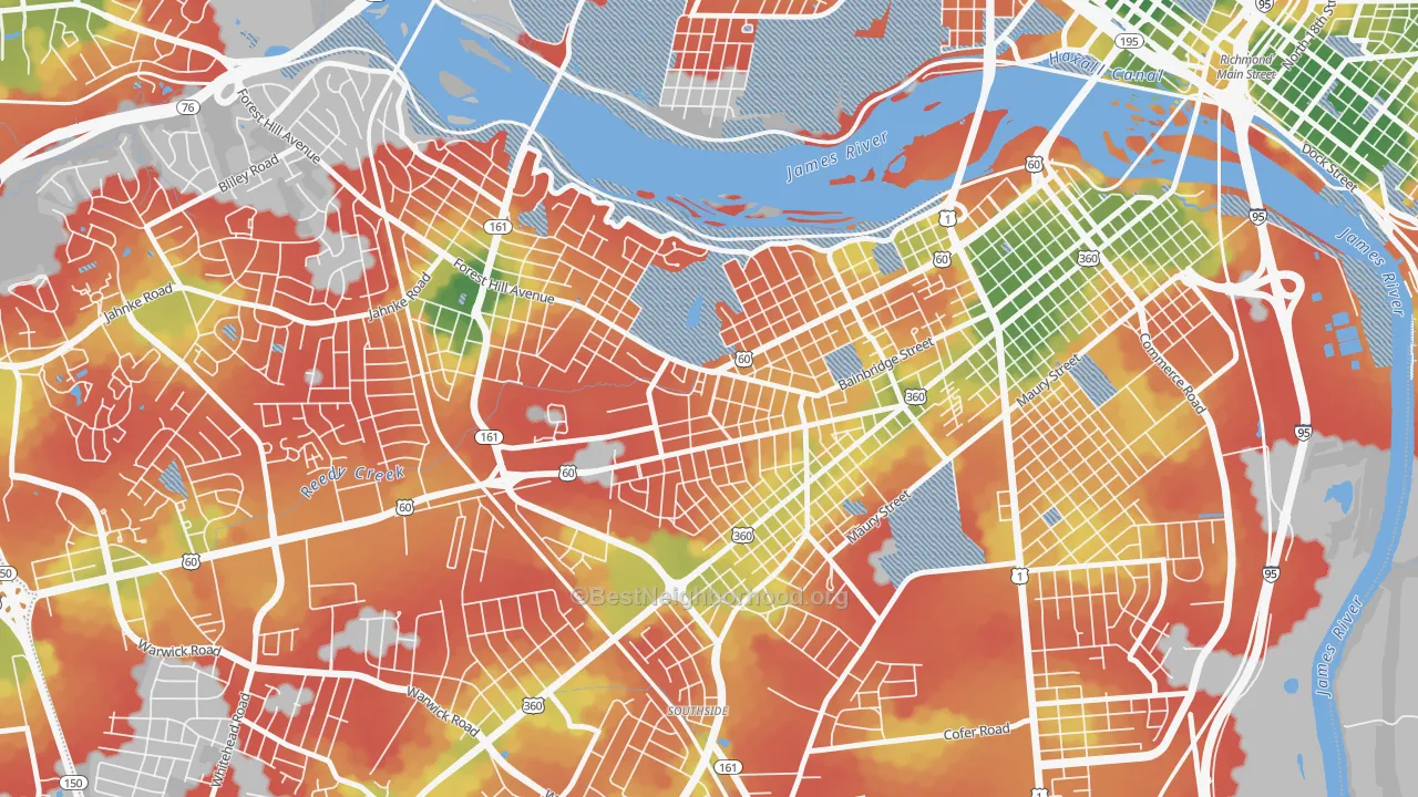 Walk Grade map of Reedy Creek, Richmond, VA, walkable areas in green and car-dependent areas in red