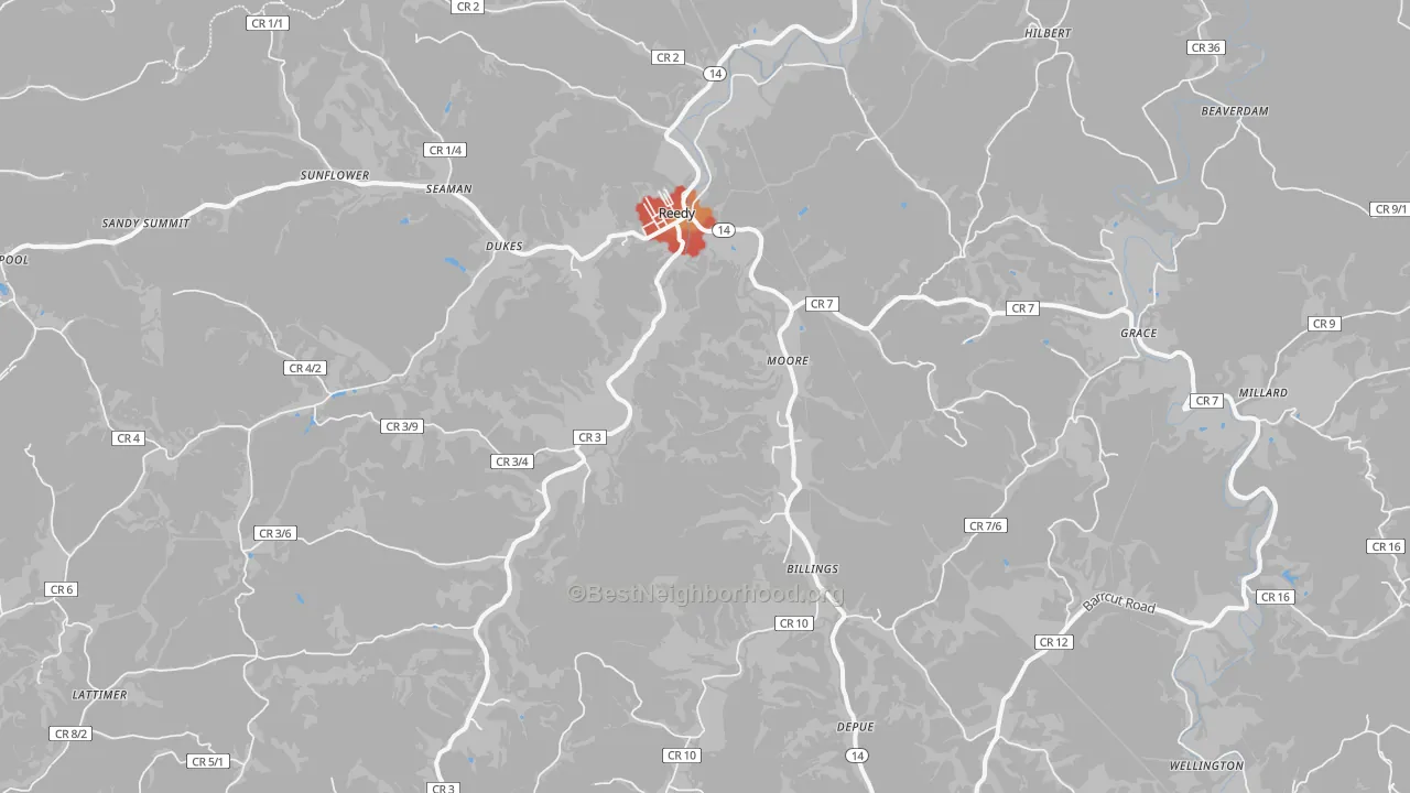 Walk Grade map of Reedy, WV, walkable areas in green and car-dependent areas in red