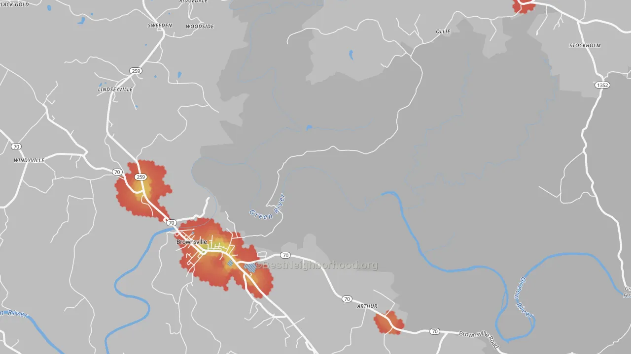 Walk Grade map of Reedyville, KY, walkable areas in green and car-dependent areas in red
