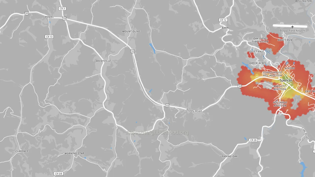 Walk Grade map of Reedyville, WV, walkable areas in green and car-dependent areas in red