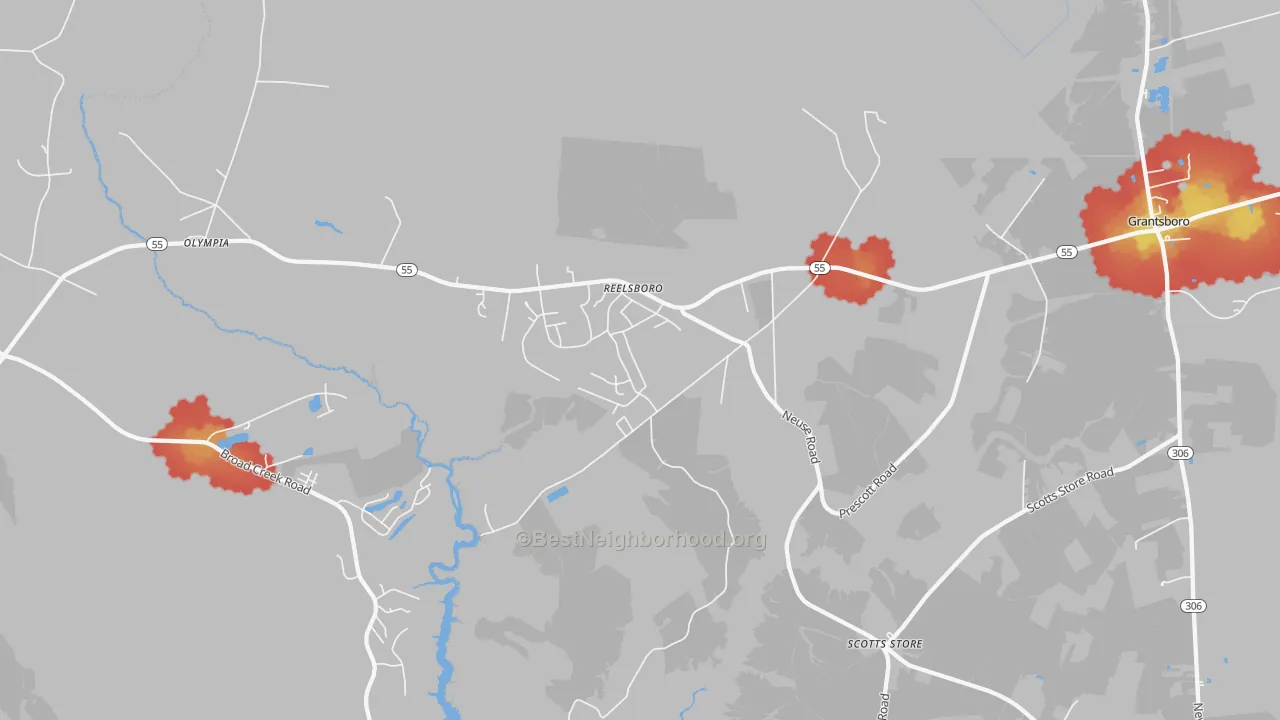Walk Grade map of Reelsboro, NC, walkable areas in green and car-dependent areas in red