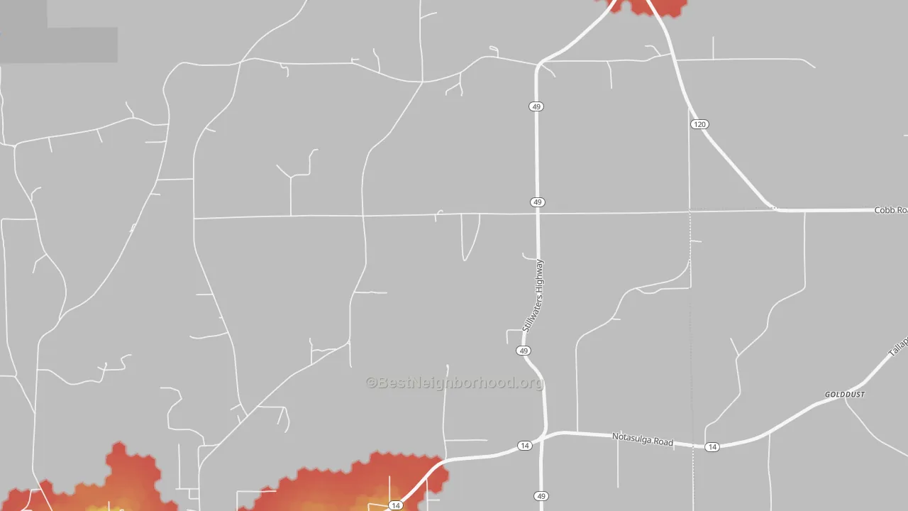 Walk Grade map of Reeltown, AL, walkable areas in green and car-dependent areas in red
