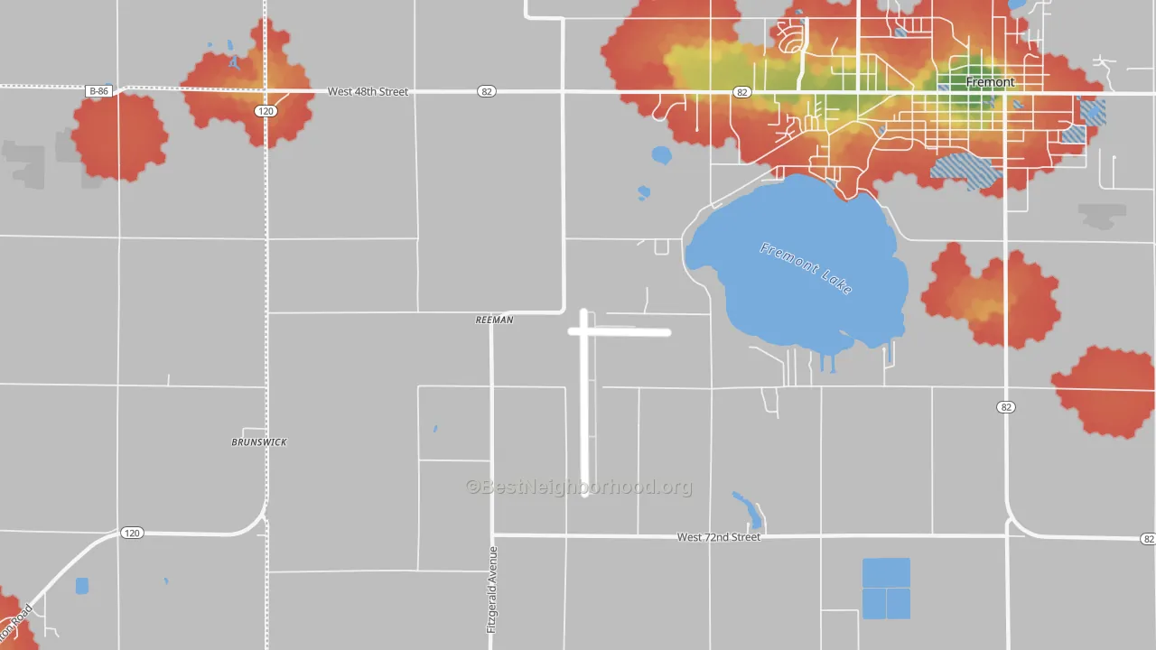 Walk Grade map of Reeman, MI, walkable areas in green and car-dependent areas in red