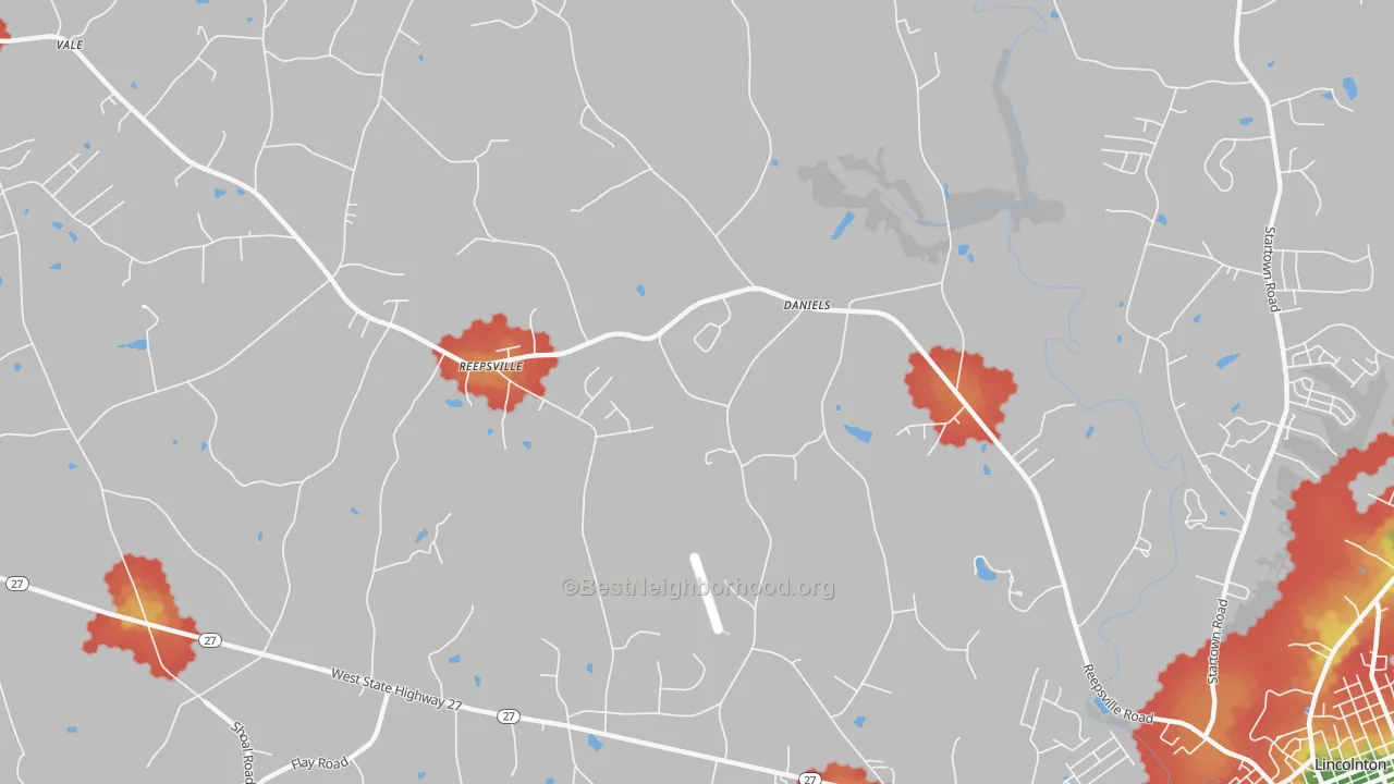 Walk Grade map of Reepsville, NC, walkable areas in green and car-dependent areas in red