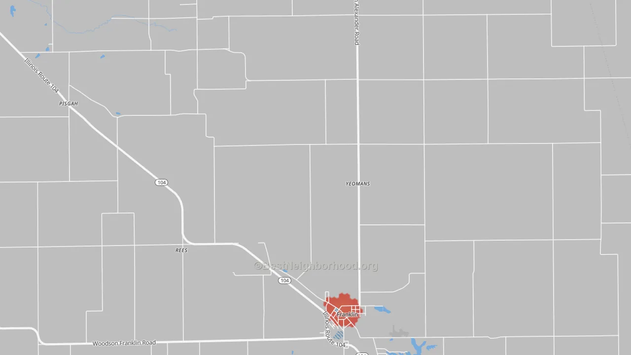 Walk Grade map of Rees, IL, walkable areas in green and car-dependent areas in red