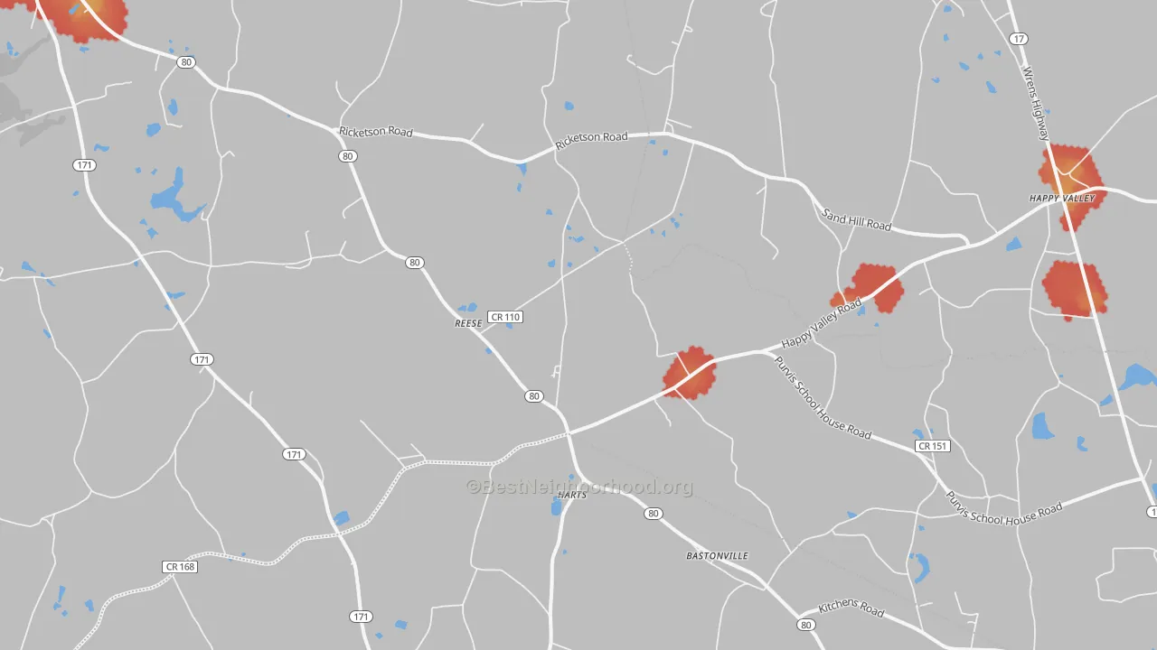Walk Grade map of Reese, GA, walkable areas in green and car-dependent areas in red