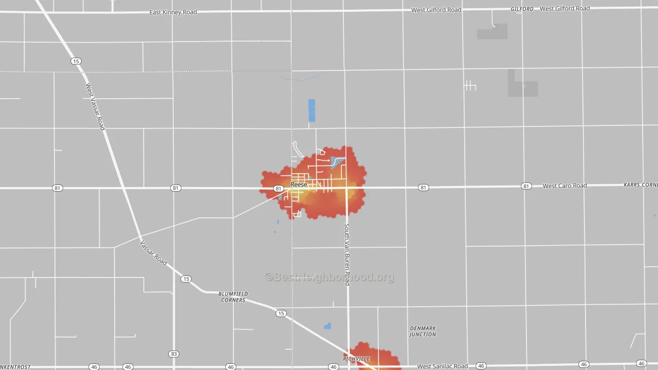 Walk Grade map of Reese, MI, walkable areas in green and car-dependent areas in red