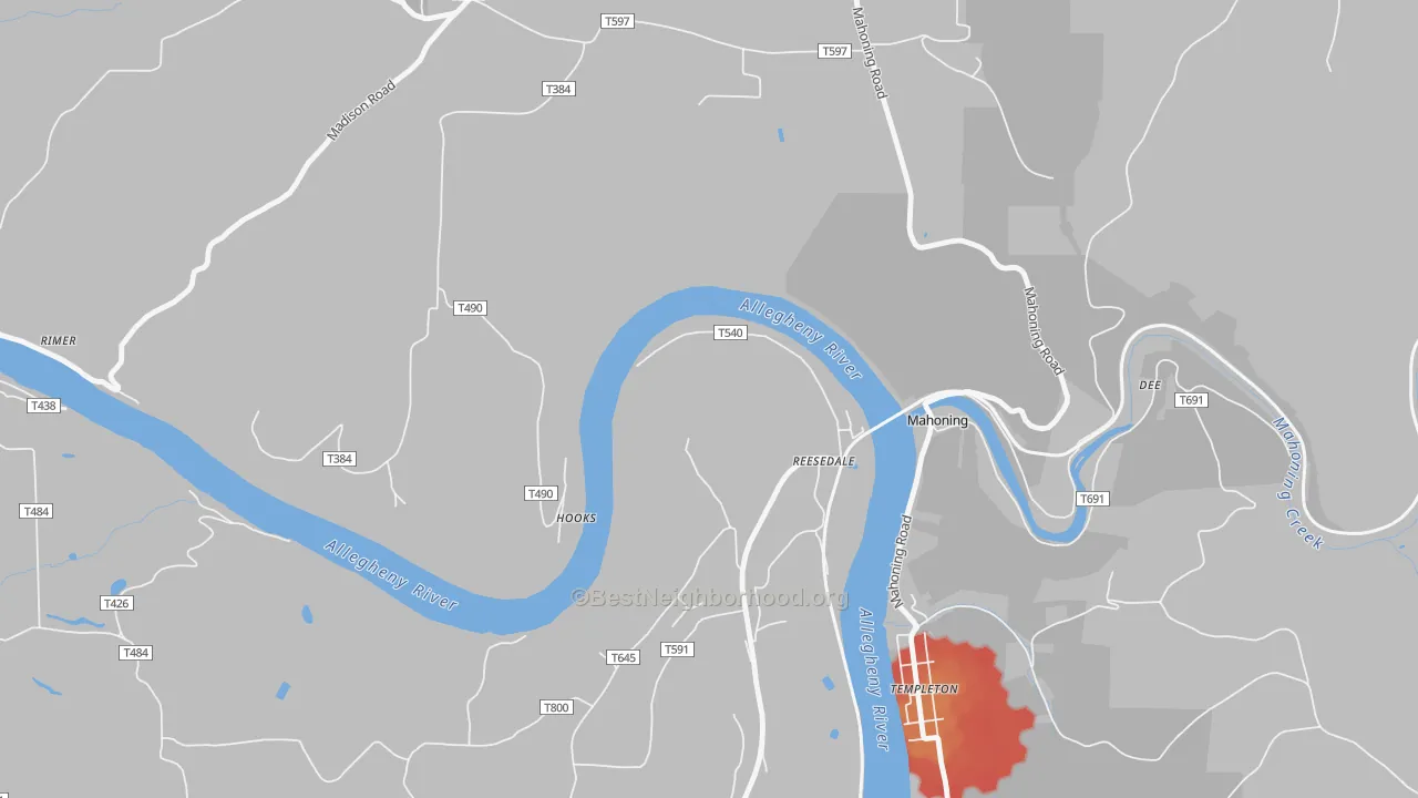 Walk Grade map of Reesedale, PA, walkable areas in green and car-dependent areas in red