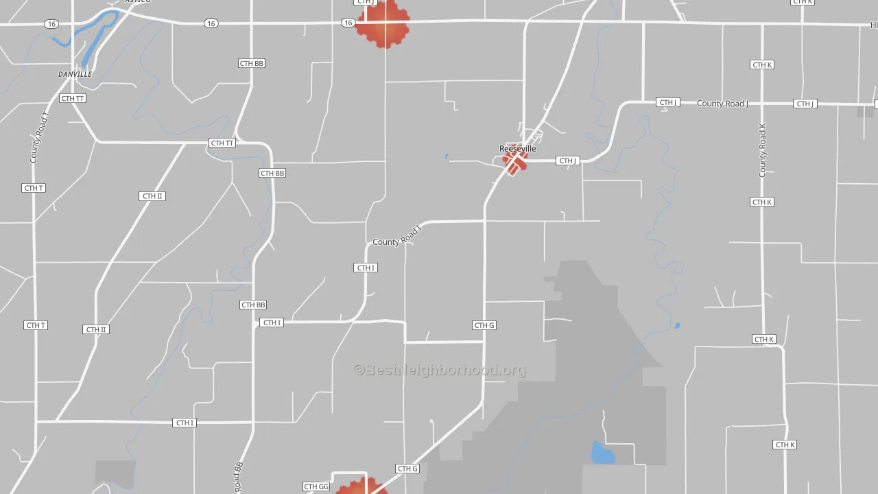 Walk Grade map of Reeseville, WI, walkable areas in green and car-dependent areas in red