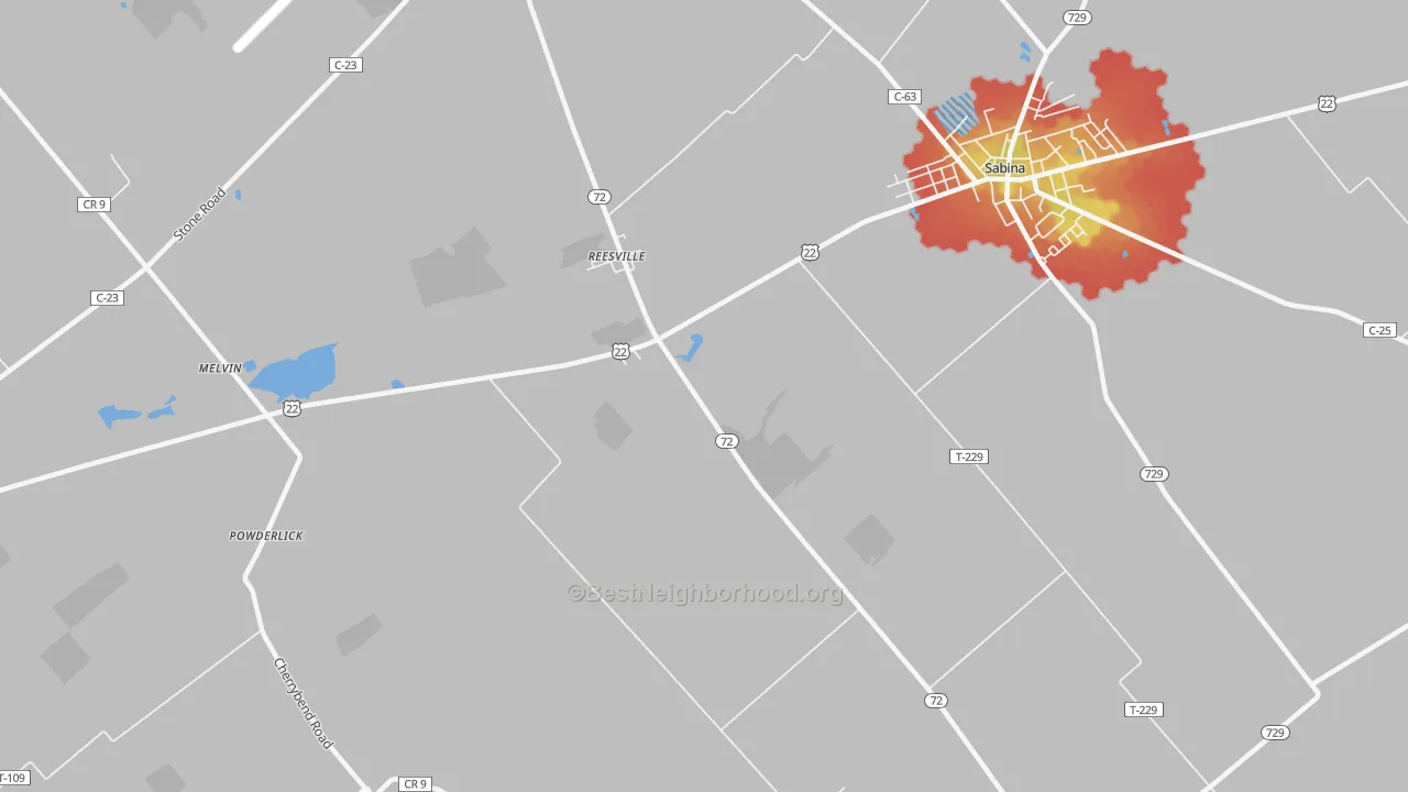 Walk Grade map of Reesville, OH, walkable areas in green and car-dependent areas in red