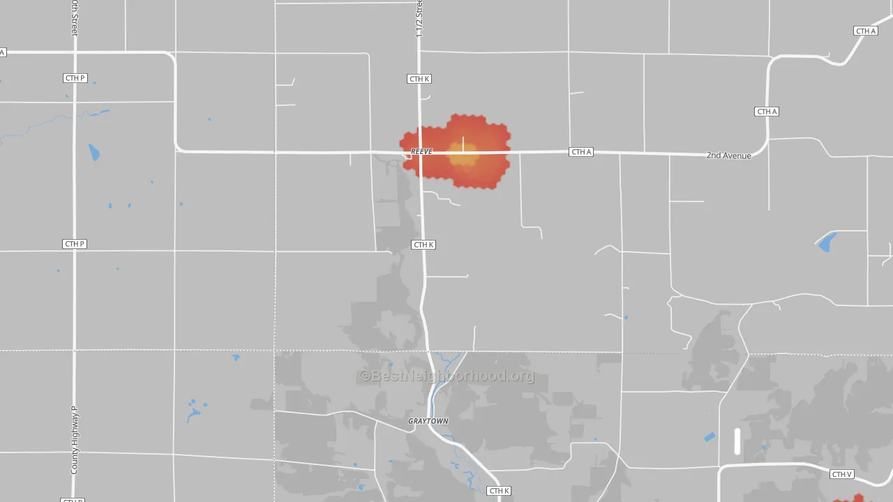 Walk Grade map of Reeve, WI, walkable areas in green and car-dependent areas in red