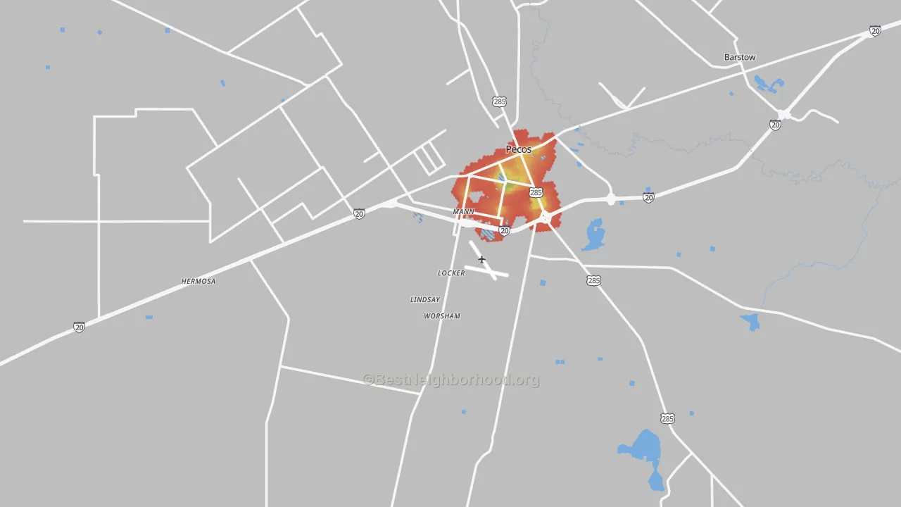 Walk Grade map of Reeves County, TX, walkable areas in green and car-dependent areas in red