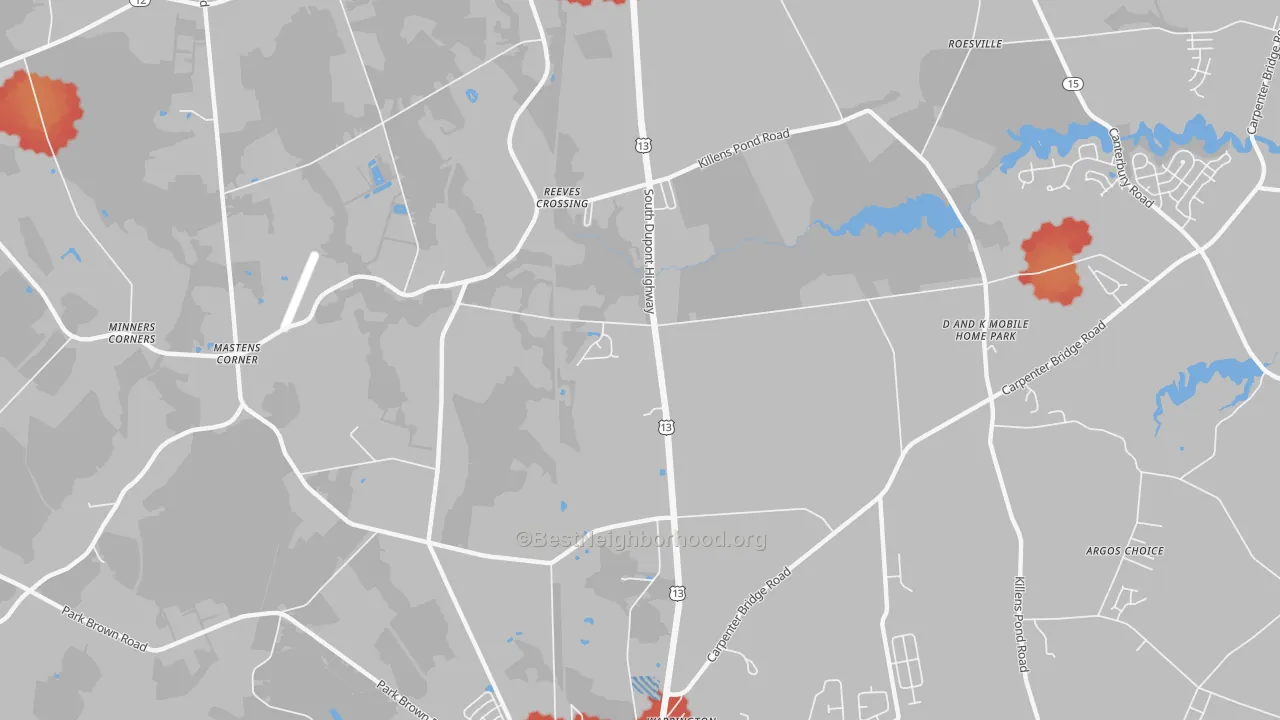 Walk Grade map of Reeves Crossing, DE, walkable areas in green and car-dependent areas in red